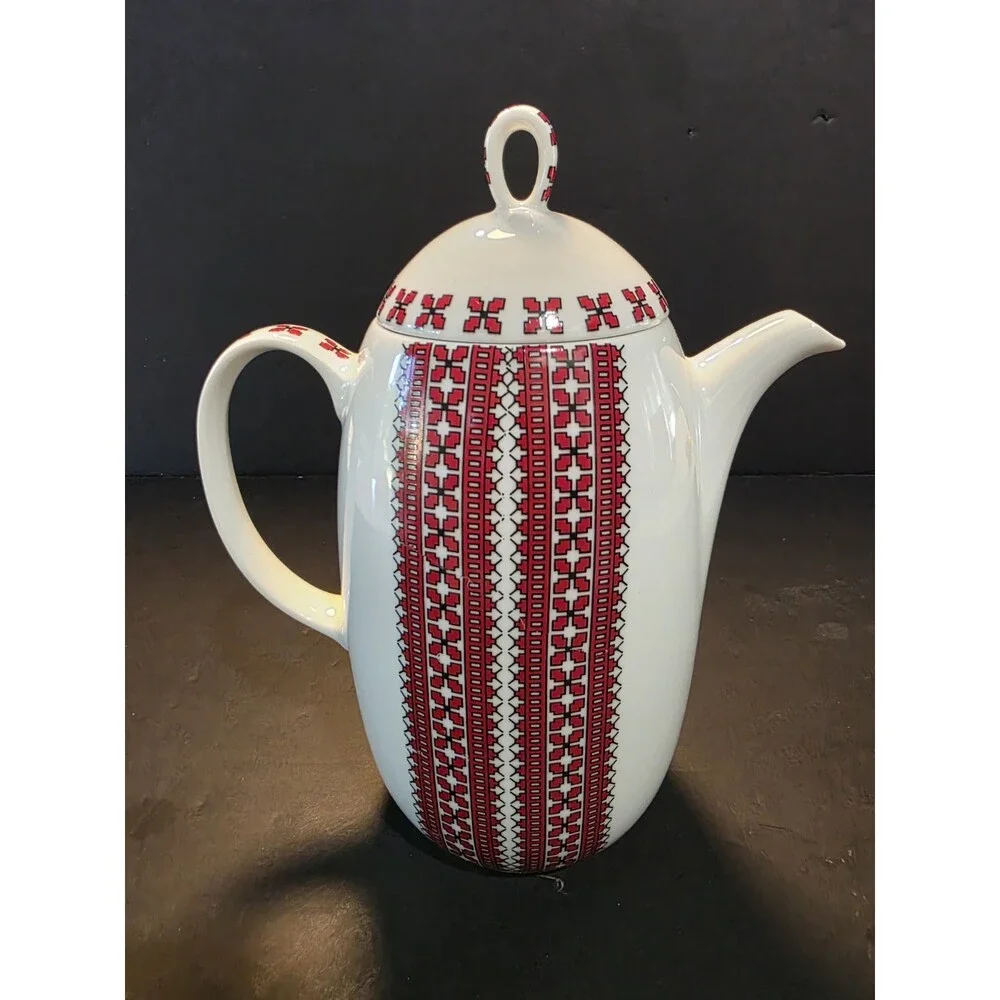 Vintage Vohenstrauss Johann Seltmann Bavaria Coffee Pot MCM Folk Cross Stitch Re